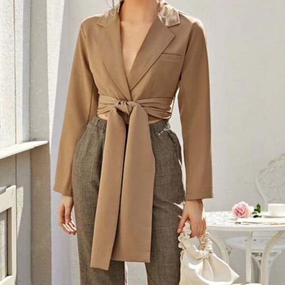 SHEIN Jackets & Blazers - Notched Collar Belted Solid Crop Blazer
